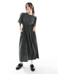 [Threadbare] Threadbare navy check midi dress with puff sleeves 8 NAVY