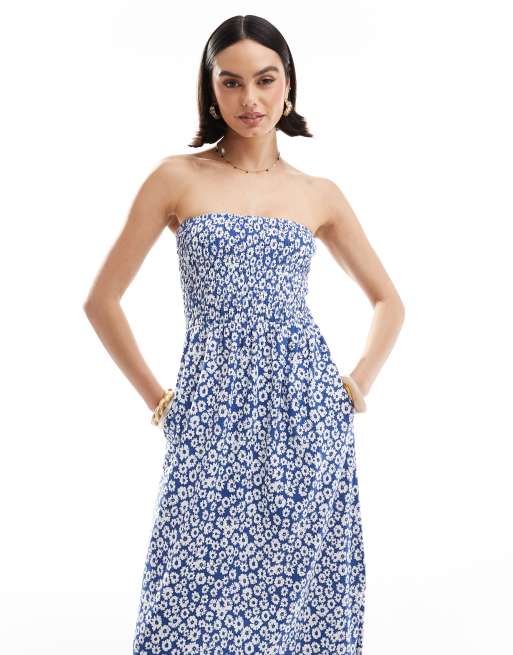 Threadbare – Niebieska sukienka midi w kwiaty z marszczoną górą z dekoltem bandeau , 2 z 4