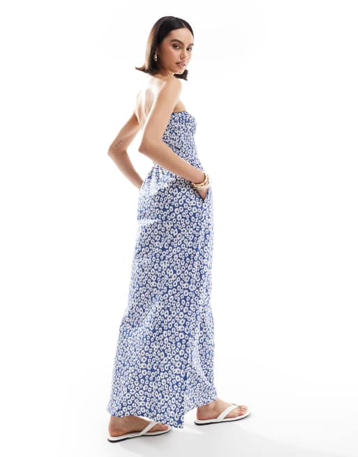 Threadbare – Niebieska sukienka midi w kwiaty z marszczoną górą z dekoltem bandeau , 4 z 4