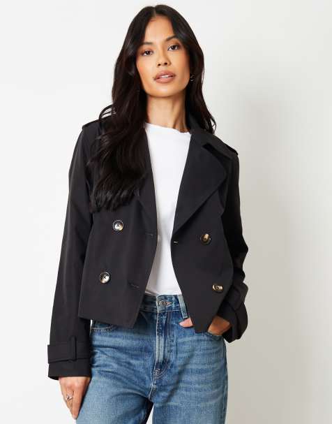 Threadbare 'nikita' double breasted cropped trench coat in black - view 1