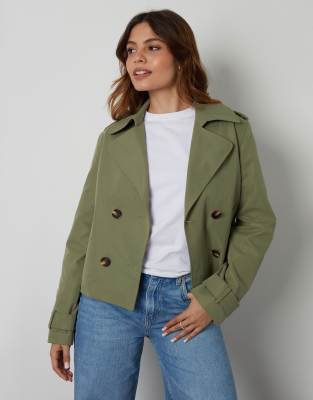 Threadbare 'nikita' Double Breasted Cropped Trench Coat In Green