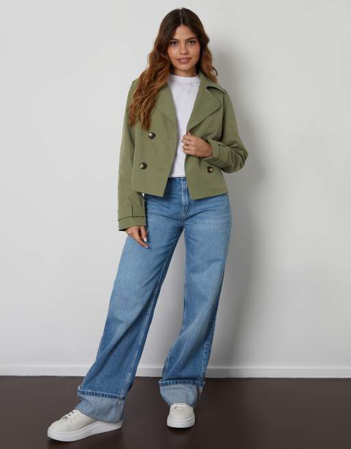 Threadbare 'nikita' double breasted cropped trench coat in khaki