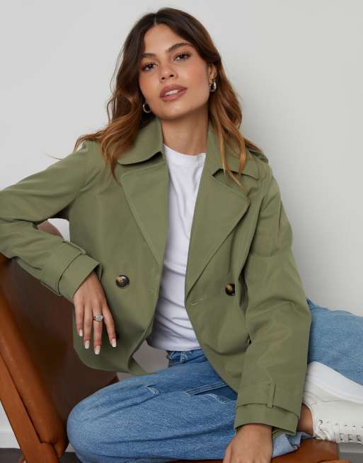 （31)alo フード付きクロップドジャケット オリーブグリーン Threadbare 'nikita' double breasted cropped trench coat in khaki