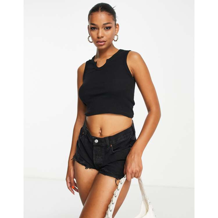 【MORE THAN BLACK】25SS★ CUT OFF SNAP SLEEVELESS Threadbare notch front sleeveless crop top in black | ASOS