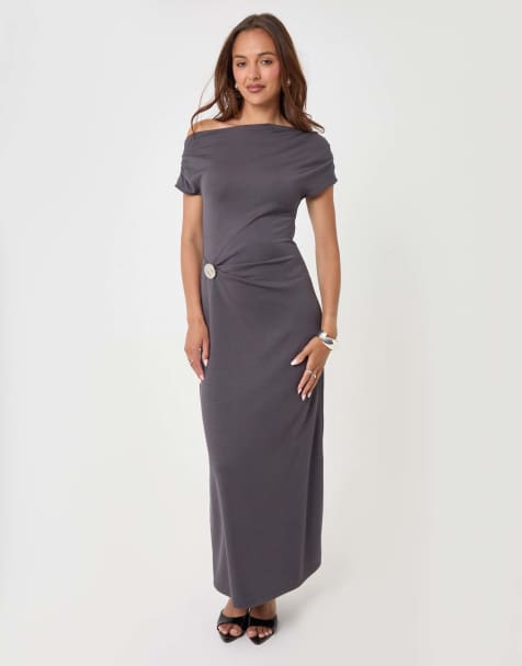 Threadbare Off shoulder draped jersey maxi dress in charcoal grey - view 1