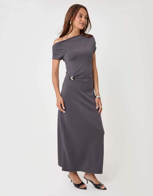 Threadbare Off shoulder draped jersey maxi dress in charcoal grey, 4 of 5