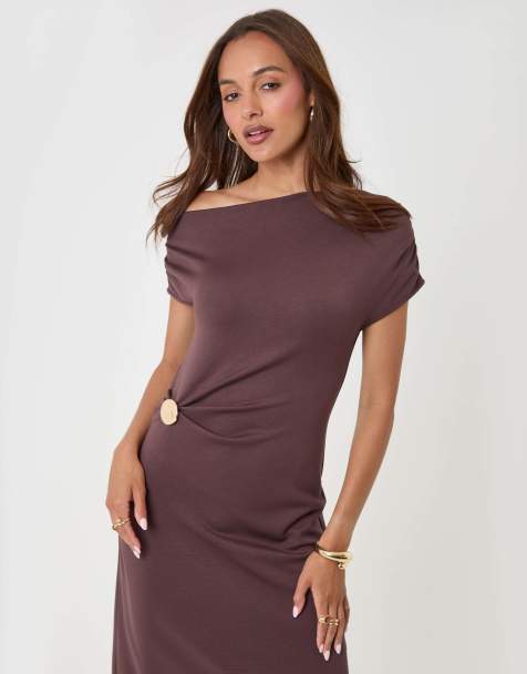 Threadbare Off shoulder draped jersey maxi dress in chocolate brown - view 1