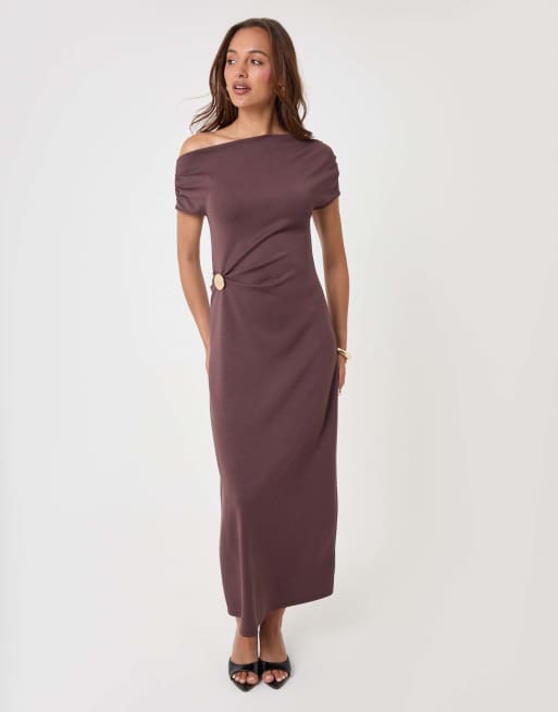 Threadbare Off shoulder draped jersey maxi dress in chocolate brown, 2 of 5