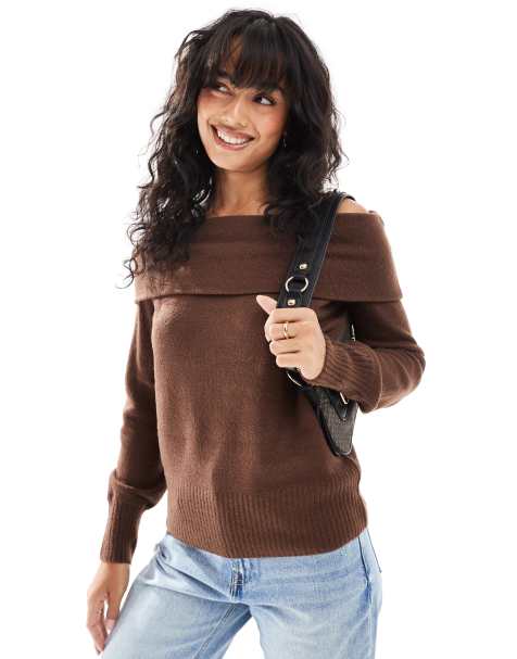 Threadbare off shoulder jumper in brown - view 1