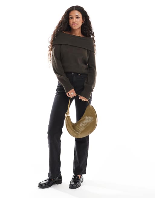Threadbare off shoulder jumper in chocolate brown