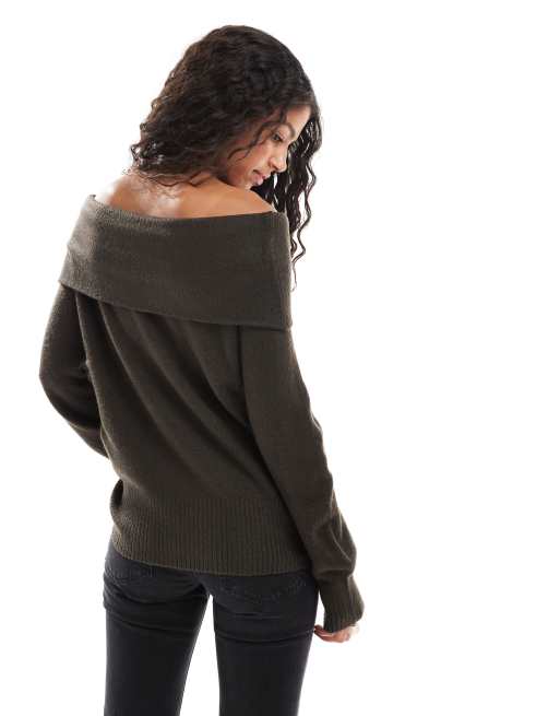 Threadbare off shoulder jumper in chocolate brown