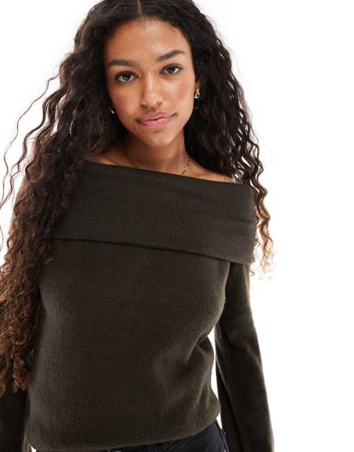 Threadbare off shoulder jumper in chocolate brown