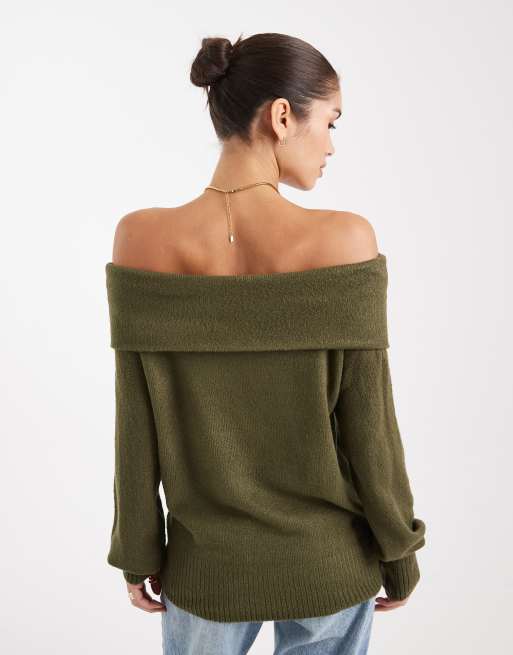 Threadbare off shoulder jumper in khaki, 2 of 4