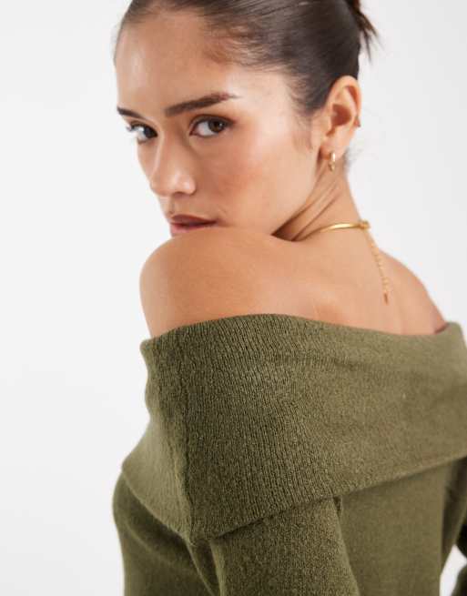 Threadbare off shoulder jumper in khaki, 3 of 4