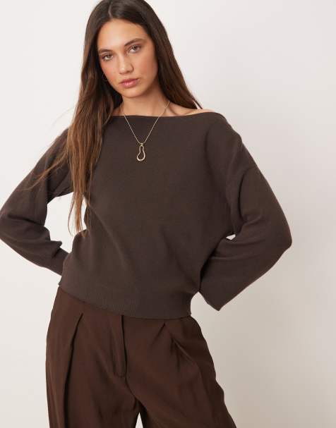 Threadbare off shoulder slouchy sweatshirt in chocolate brown