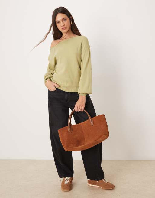 Threadbare off shoulder slouchy sweatshirt in sage green, 2 of 4