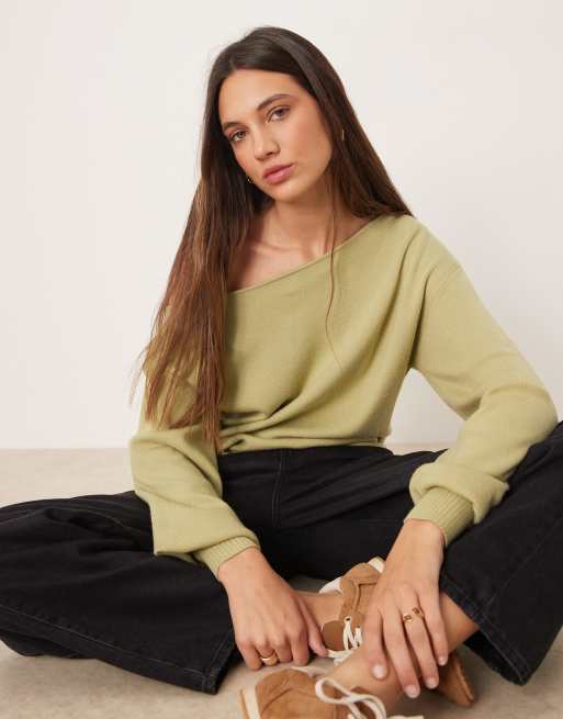 Threadbare off shoulder slouchy sweatshirt in sage green, 3 of 4