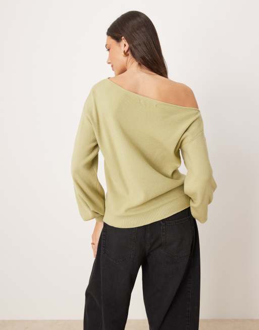 Threadbare off shoulder slouchy sweatshirt in sage green, 4 of 4