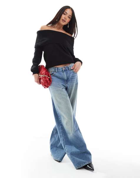 Threadbare off shoulder sweater in black - view 1