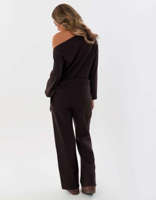 Threadbare Off shoulder top & wide leg co-ord in chocolate brown, 2 of 4