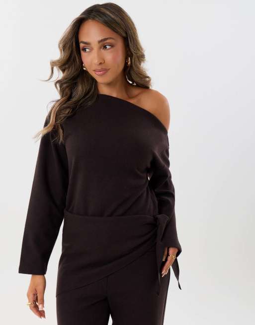 Threadbare Off shoulder top & wide leg co-ord in chocolate brown, 3 of 4