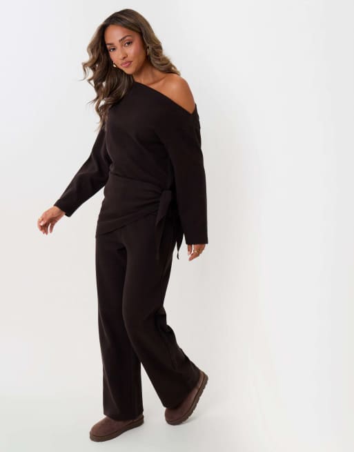 Threadbare Off shoulder top & wide leg co-ord in chocolate brown, 4 of 4