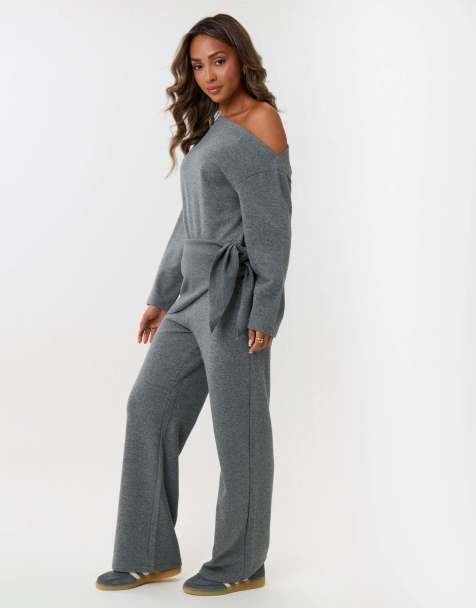 Threadbare Off shoulder top & wide leg co-ord in grey