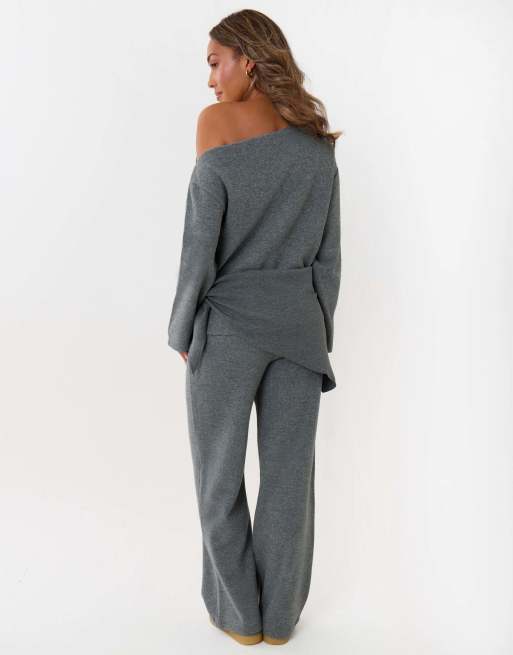 Threadbare Off shoulder top & wide leg co-ord in grey, 2 of 4