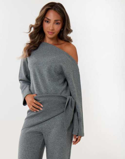 Threadbare Off shoulder top & wide leg co-ord in grey, 3 of 4