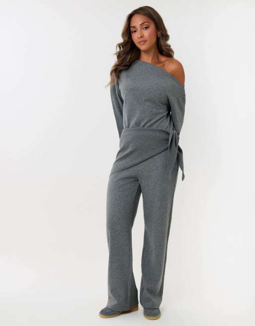 Threadbare Off shoulder top & wide leg co-ord in grey, 4 of 4