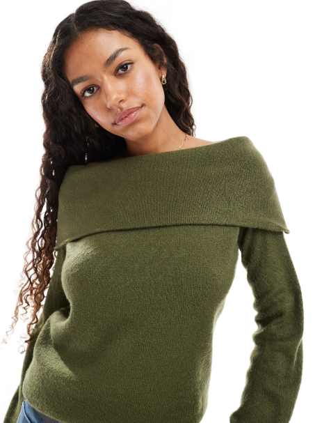 Threadbare off the shoulder sweater in khaki green - view 1
