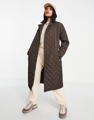 Threadbare Olive quilted trench coat with belt in chocolate brown