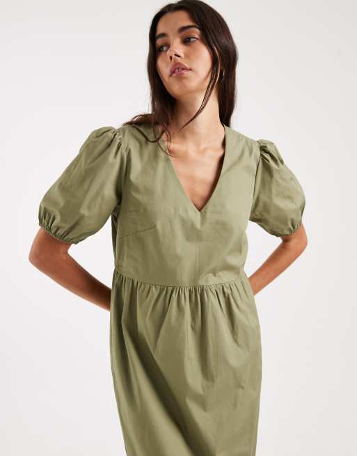 Threadbare – Olivgrön midiklänning i poplin med v-ringning och puffärmar, 4 av 4