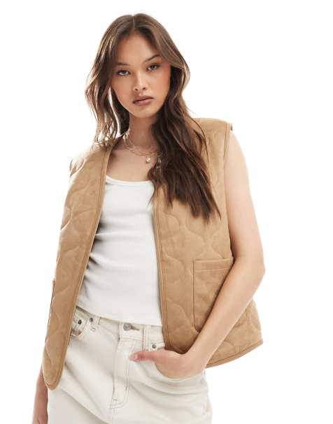 Threadbare Onion quilted suedette gilet in tan - view 1