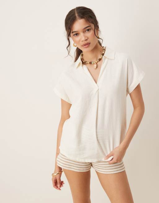 Threadbare Open collar linen blend shirt in white