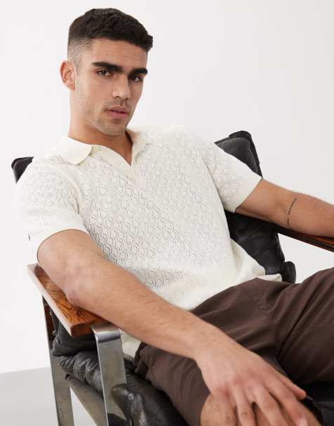 Threadbare open knit short sleeve polo top in ecru - view 1