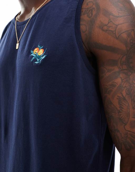 Threadbare orange embroidery singlet in navy , 3 of 4