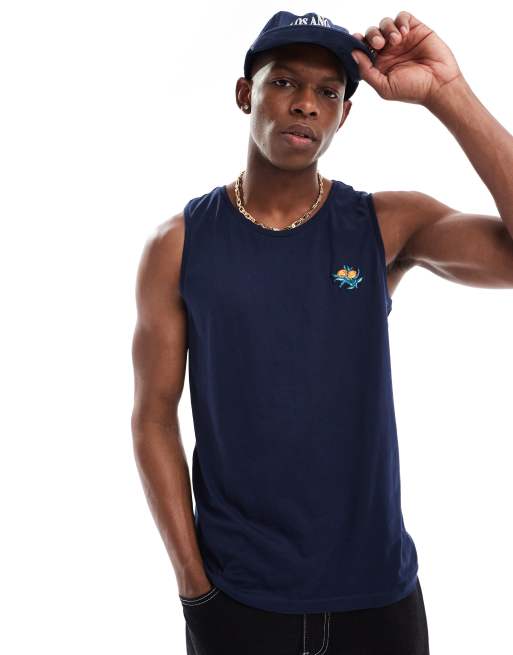 Threadbare orange embroidery singlet in navy 