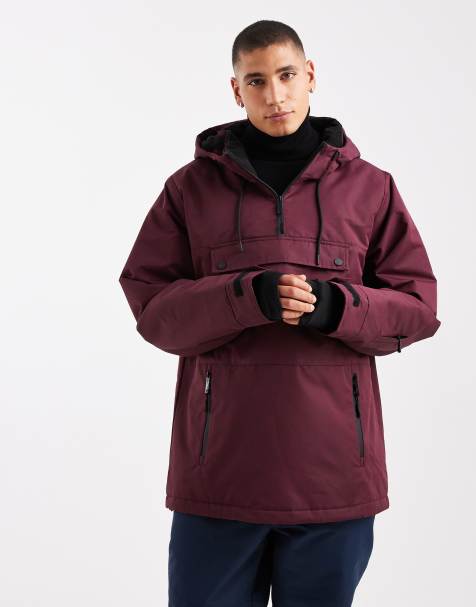 Threadbare overhead ski jacket with hood and pocket detail in burgundy - view 1