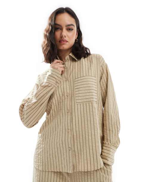 Threadbare - Overhemd in stone met bruine strepen, deel van co-ord set - view 1