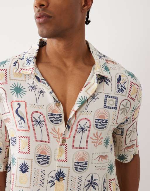 Threadbare - Overhemd met korte mouwen en grafische strandprint in ecru, 3 van 5
