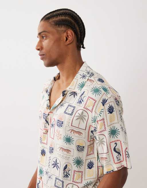 Threadbare - Overhemd met korte mouwen en grafische strandprint in ecru, 4 van 5