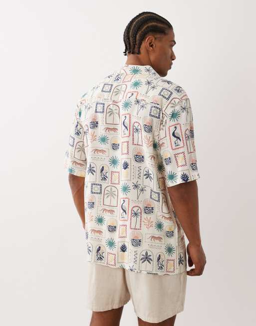 Threadbare - Overhemd met korte mouwen en grafische strandprint in ecru, 5 van 5