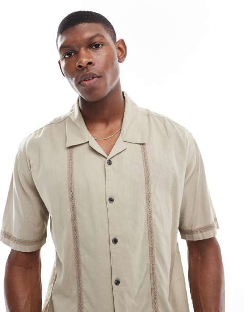 Threadbare - Overhemd met korte mouwen en linnenlook en boorddetail in stone - view 1