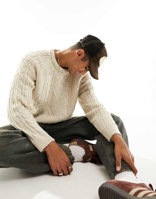 Threadbare – Oversize-Strickpullover in Ecru meliert mit Zopfmuster