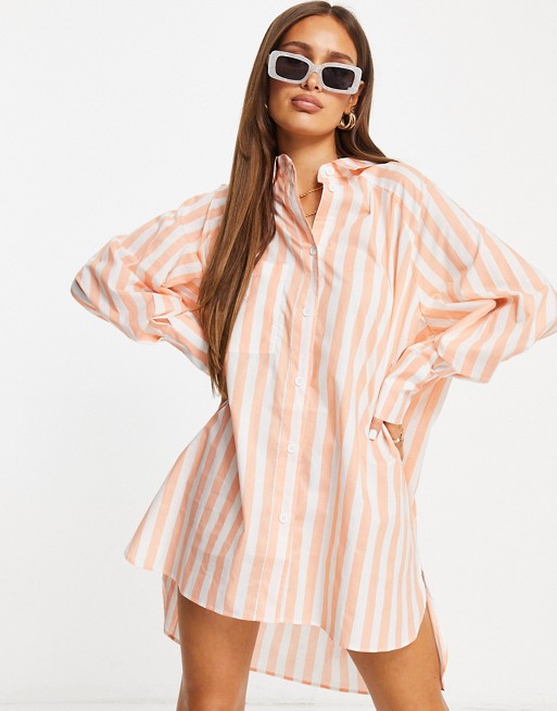 Threadbare oversized balloon sleeve shirt dress in peach stripe