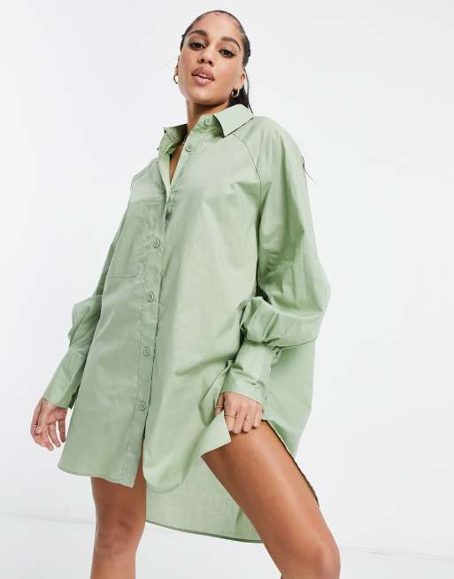 Threadbare oversized balloon sleeve shirt dress in soft khaki | ASOS