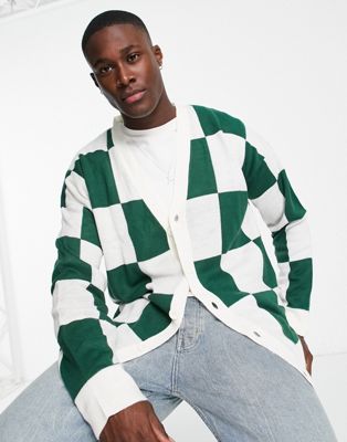 Threadbare oversized check cardigan in white and green