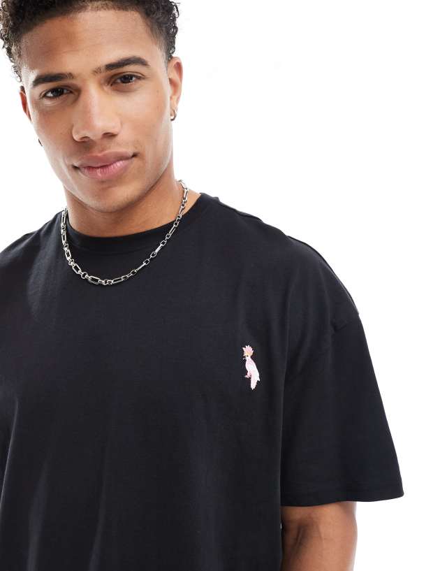 Threadbare - oversized cockatoo embroidery t-shirt in black