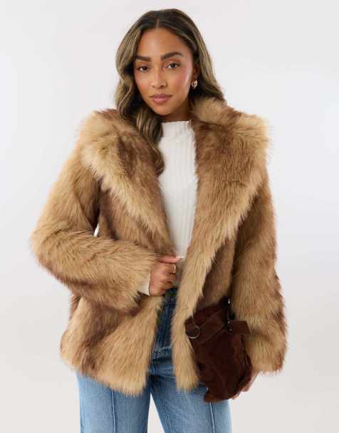 Threadbare Oversized collar faux fur coat in tan - view 1